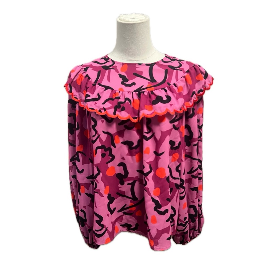 CROSBY by Mollie Burch Pink and Black Ruffle Blouse